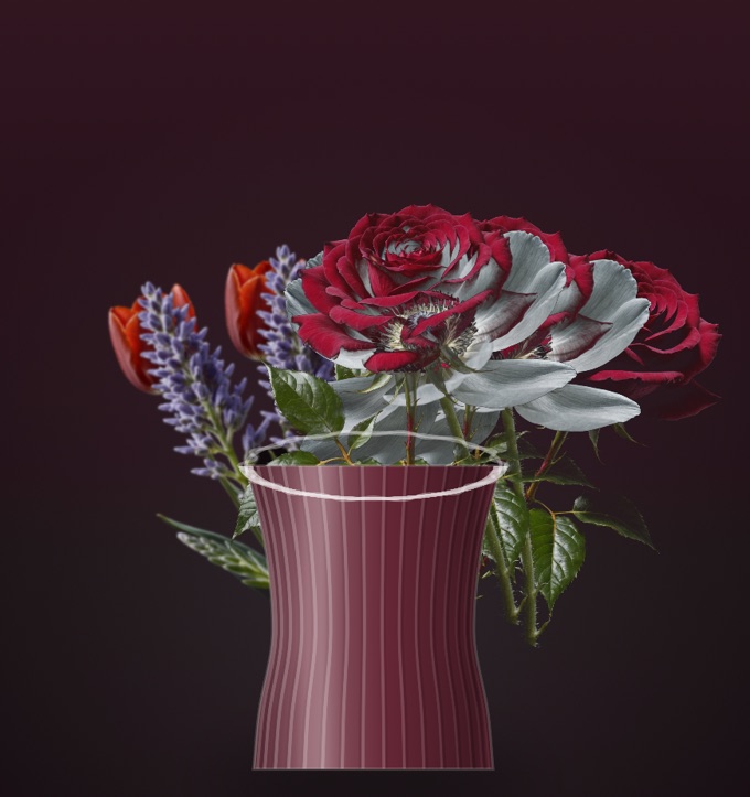 A finished Undivided arrangement: red roses, white anemones, tulips and
  lavender in a fluted burgundy vase