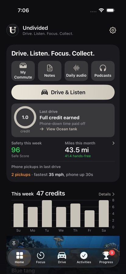The Undivided home screen: last drive credit, this week's Safe
             Score beside the month's miles, and the last drive's phone
             pickups with the fastest one and how long the phone was up