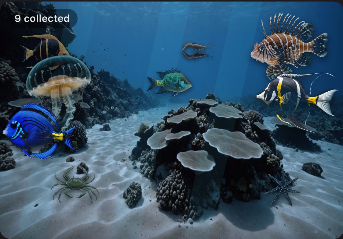 An Undivided ocean tank holding a blue tang, a jellyfish, a lionfish,
  a crab and coral